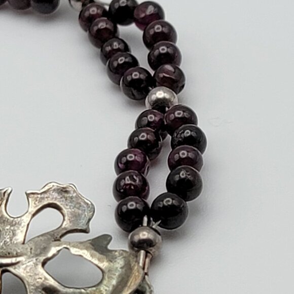Vintage Sterling Silver Garnet Beaded Bracelet 7.5 In Leaf Toggle Clasp Native - Picture 7 of 9